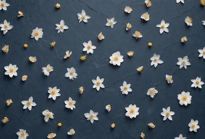 The primary subject of the image is a close-up of white flowers, possibly cherry blossoms, arranged in a pattern on a blue surface. The setting appears to be a wall or a similar background, and the visual style is a combination of photo and digital art. The dominant colors are white and blue, creating a serene and calming atmosphere.