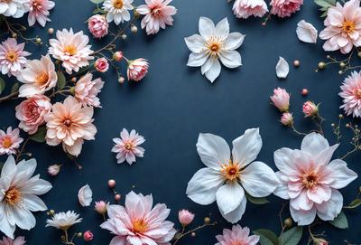 The primary subject of the image is a beautiful arrangement of pink and white flowers. The flowers are scattered across a blue background, creating a visually appealing and serene scene. The visual style of the image is a close-up of the flowers, showcasing their intricate details and textures. The colors and mood of the image are predominantly pink and white, evoking a sense of calmness and elegance.