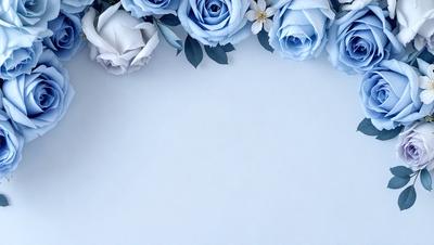 The primary subject of the image is a bouquet of blue roses. The setting is a white background, which provides a clean and minimalist look. The visual style is a close-up of the flowers, showcasing their beauty. The colors and mood of the image are predominantly blue, creating a calm and serene atmosphere.