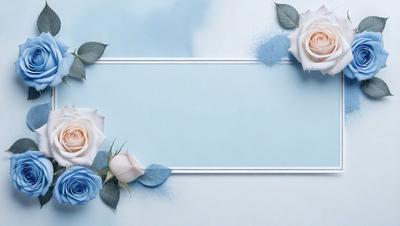 The primary subject of the image is a blue background with white flowers. The setting is a white wall, and the visual style is a photo. The dominant colors are blue and white, creating a calm and serene atmosphere.
