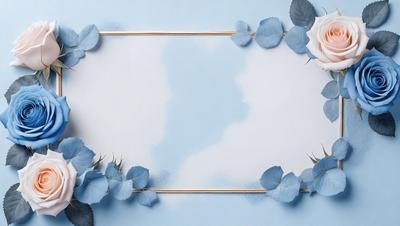 The primary subject of the image is a white frame with a blue background. The frame is adorned with blue flowers, creating a visually appealing and artistic scene. The setting appears to be a studio or a creative workspace, as the focus is on the artistic arrangement of the flowers within the frame. The visual style of the image is a combination of digital art and illustration, as the flowers are skillfully placed and the overall composition is well-executed. The colors and mood of the image are predomin