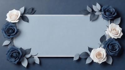 The primary subject of the image is a blue frame with a white rose and green leaves. The setting is a blue background, and the visual style appears to be a combination of photo and digital art. The dominant colors are blue and white, creating a calm and serene atmosphere.