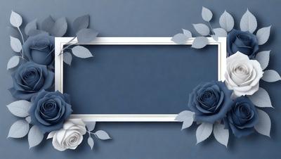 The primary subject of the image is a blue frame with a white border, featuring a decorative arrangement of blue and white roses. The setting is a blue background, which complements the blue frame and the white border. The visual style is a combination of digital art and illustration, creating a unique and artistic presentation. The colors and mood of the image are predominantly blue and white, giving it a calm and elegant appearance.