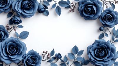 The primary subject of the image is a bouquet of blue roses. The setting is a white background, which provides a clean and minimalist look. The visual style is a combination of photo and digital art, creating a realistic yet artistic representation of the flowers. The colors and mood of the image are predominantly blue, giving it a calm and serene atmosphere.