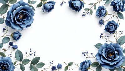 The primary subject of the image is a bouquet of blue flowers, which are arranged in a circular pattern. The flowers are placed on a white surface, creating a visually appealing contrast. The visual style of the image is a combination of photo and digital art, as it appears to be a close-up of the flowers with a slightly blurred background. The dominant colors in the image are blue and white, giving it a calm and serene atmosphere.