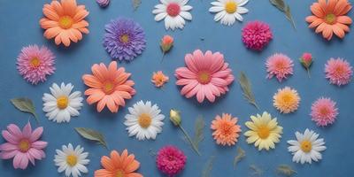 The primary subject of the image is a collection of various flowers, including pink, white, and purple ones, arranged on a blue surface. The setting appears to be a wall or a table, with the flowers placed in a visually appealing manner. The visual style of the image is a combination of photo and digital art, creating a vibrant and colorful display. The dominant colors in the image are pink, white, and purple, which contribute to a cheerful and lively atmosphere.
