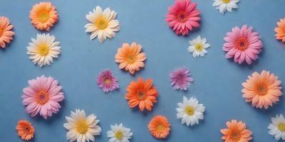 The primary subject of the image is a group of colorful flowers, including pink, orange, and white ones, arranged on a blue surface. The setting appears to be a studio or a controlled environment, as the flowers are neatly placed and the background is consistent. The visual style of the image is a combination of photo and digital art, as it captures the vibrant colors and intricate details of the flowers. The overall atmosphere of the image is lively and cheerful, with the bright colors and the variety of flower types
