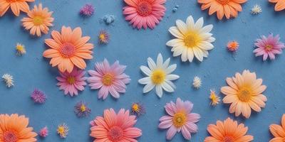 The primary subject of the image is a group of colorful flowers, including pink, orange, and white ones, arranged on a blue surface. The setting appears to be a studio or a controlled environment, as the flowers are placed in a deliberate manner. The visual style of the image is a combination of photo and digital art, creating a vibrant and lively atmosphere. The dominant colors in the image are blue, pink, orange, and white, which contribute to the overall cheerful and lively mood.