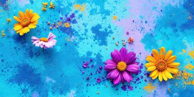 The primary subject of the image is a close-up of two purple flowers, with one of them being a daisy. The flowers are placed on a blue background, which adds a vibrant and lively touch to the scene. The visual style of the image is a combination of photo and digital art, creating a unique and eye-catching composition. The dominant colors in the image are purple and blue, which evoke a sense of calmness and serenity.