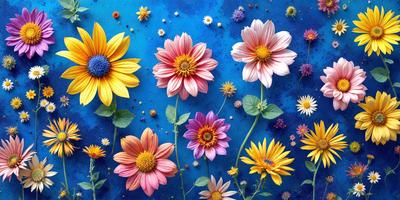 The primary subject of the image is a group of colorful flowers, including purple, pink, yellow, and orange, arranged in a visually appealing manner. The flowers are set against a blue background, which adds a sense of depth and contrast to the scene. The visual style of the image is a combination of photo and digital art, creating a vibrant and lively atmosphere. The dominant colors in the image are blue, pink, yellow, and orange, which contribute to the overall mood of the scene.