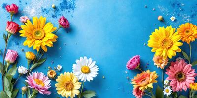 The primary subject of the image is a bouquet of colorful flowers, including yellow, pink, and white flowers, arranged on a blue surface. The setting appears to be a studio or a controlled environment, as the flowers are placed on a blue background. The visual style of the image is a combination of photo and digital art, creating a vibrant and lively atmosphere. The dominant colors in the image are blue, yellow, pink, and white, which contribute to the overall cheerful and lively mood.
