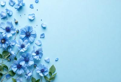 The primary subject of the image is a bouquet of blue flowers, which are scattered across a blue background. The flowers are arranged in a visually appealing manner, creating a sense of depth and dimension. The setting appears to be a white wall, which provides a clean and minimalistic backdrop for the flowers. The visual style of the image is a close-up of the flowers, allowing the viewer to appreciate the details and beauty of the blue flowers. The colors and mood of the image are predominantly blue, which gives