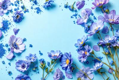 The primary subject of the image is a bouquet of blue flowers, which are arranged in a visually appealing manner. The setting is a blue background, which provides a contrasting and complementary color to the flowers. The visual style of the image is a combination of photo and digital art, creating a vibrant and lively atmosphere. The dominant colors in the image are blue and purple, which evoke a sense of calmness and tranquility.
