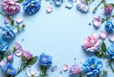 The primary subject of the image is a bouquet of flowers, which are arranged in a circular pattern on a blue surface. The flowers are of various colors, including blue, pink, and white. The setting appears to be a studio or a controlled environment, as the flowers are neatly arranged and the background is a solid blue color. The visual style of the image is a combination of photo and digital art, as it captures the beauty of the flowers in a visually appealing manner. The colors and mood of the image are