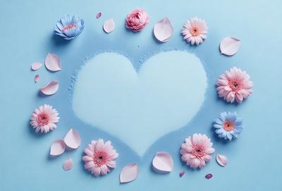 The primary subject of the image is a heart-shaped design made of pink and blue flowers. The heart is placed on a blue background, which serves as the setting. The visual style of the image is a combination of photo and digital art, creating a unique and artistic representation of the heart. The colors and mood of the image are predominantly pink and blue, giving it a warm and inviting atmosphere.