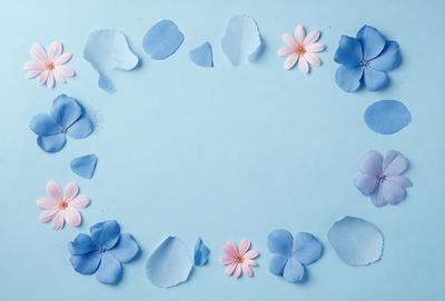 The primary subject of the image is a circle made of blue flowers, with a blue background. The circle is filled with various blue flowers, creating a visually appealing and harmonious scene. The visual style of the image is a combination of photo and digital art, as it appears to be a photograph of a digital artwork. The colors and mood of the image are predominantly blue, creating a calm and serene atmosphere.