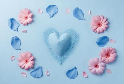 The primary subject of the image is a heart-shaped piece of blue sugar, which is placed on a blue surface. The setting is a table with a blue background. The visual style is a close-up of the heart-shaped sugar, and the colors are predominantly blue and pink. The overall atmosphere is sweet and visually appealing.