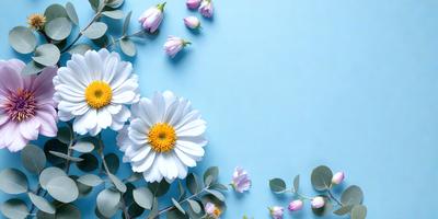 The primary subject of the image is a bouquet of white and purple flowers. The flowers are arranged in a visually appealing manner, with some of them placed on a blue surface. The setting appears to be a studio or a controlled environment, as the flowers are carefully positioned and the overall atmosphere is artistic and serene. The visual style of the image is a combination of photo and digital art, creating a harmonious and aesthetically pleasing composition.