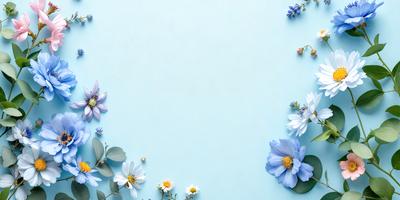 The primary subject of the image is a bouquet of flowers, which are arranged in a visually appealing manner. The flowers are placed on a blue surface, which adds a vibrant and calming touch to the scene. The visual style of the image is a combination of photo and digital art, creating a realistic yet artistic representation of the flowers. The colors and mood of the image are predominantly blue and white, giving it a serene and peaceful atmosphere.
