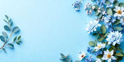 The primary subject of the image is a close-up of a flower, which is the focal point of the scene. The setting is a blue background, which adds a vibrant and calming atmosphere to the image. The visual style is a combination of photo and digital art, creating a realistic yet artistic representation of the flower. The dominant colors are blue and white, which contribute to the overall mood of the image.