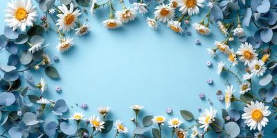 The primary subject of the image is a blue background with white flowers scattered across it. The flowers are of various sizes and are arranged in a visually appealing manner. The setting appears to be a still life or a decorative arrangement, possibly for a special event or celebration. The visual style of the image is a combination of realistic and artistic elements, creating a harmonious and aesthetically pleasing composition. The colors and mood of the image are predominantly calm and serene, with the blue background providing