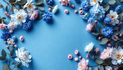The primary subject of the image is a bouquet of flowers, which are arranged in a visually appealing manner. The flowers are placed on a blue surface, which adds a vibrant and calming touch to the scene. The visual style of the image is a combination of photo and digital art, creating a realistic yet artistic representation of the flowers. The colors and mood of the image are predominantly pink and blue, evoking a sense of warmth and tranquility.