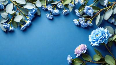 The primary subject of the image is a bouquet of flowers, which are arranged in a vase and placed on a blue surface. The setting appears to be a studio or a controlled environment, as the flowers are carefully positioned and the background is a solid blue color. The visual style of the image is a combination of photo and digital art, as it captures the beauty of the flowers and their arrangement. The colors and mood of the image are predominantly blue, creating a calm and serene atmosphere.