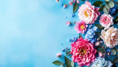 The primary subject of the image is a bouquet of flowers, which are arranged in a visually appealing manner. The flowers are placed on a blue surface, which adds a vibrant and calming touch to the scene. The visual style of the image is a combination of photo and digital art, creating a realistic yet artistic representation of the flowers. The colors and mood of the image are predominantly pink and blue, evoking a sense of warmth and tranquility.
