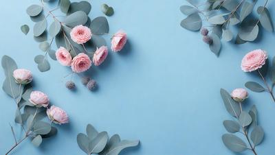 The primary subject of the image is a bouquet of pink flowers with green leaves. The flowers are arranged in a vase and placed on a blue surface, which could be a table or a wall. The visual style of the image is a photo, capturing the beauty of the flowers and their surroundings. The colors in the image are predominantly pink and blue, creating a calm and serene atmosphere.