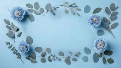 The primary subject of the image is a blue wall with a green leafy wreath or garland hanging on it. The setting is a room with a blue background, and the visual style appears to be a combination of a photo and a digital art or illustration. The colors and mood of the image are predominantly blue and green, creating a calm and serene atmosphere.