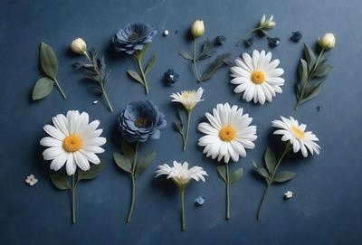 The primary subject of the image is a collection of white and blue flowers, arranged in various positions on a blue surface. The flowers are placed in vases, and they are accompanied by leaves. The setting appears to be a table or a countertop, where the flowers are displayed. The visual style of the image is a combination of photo and digital art, creating a realistic yet artistic representation of the flowers. The colors and mood of the image are predominantly blue and white, giving it a calm and serene atmosphere.