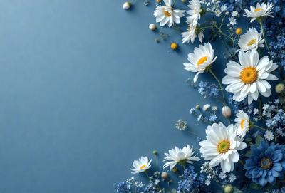 The primary subject of the image is a bouquet of white flowers, including daisies, arranged in a vase. The setting is a blue background, which adds a contrasting and calming effect to the scene. The visual style is a close-up of the flowers, showcasing their details and beauty. The colors and mood of the image are predominantly white and blue, creating a serene and peaceful atmosphere.