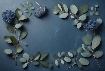 The primary subject of the image is a decorative arrangement of green leaves and blue flowers. The leaves are arranged in a circular pattern, creating a visually appealing display. The setting is a blue wall, which serves as a striking backdrop for the artistic arrangement. The visual style of the image is a combination of natural elements and artistic design, creating a unique and eye-catching display. The dominant colors in the image are green and blue, which contribute to a calming and serene atmosphere.