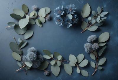 The primary subject of the image is a collection of green leaves and flowers arranged in a circular pattern. The leaves and flowers are displayed on a blue surface, which serves as the background. The visual style of the image is a combination of photo and digital art, creating a realistic yet artistic representation of the leaves and flowers. The dominant colors in the image are green and blue, giving the scene a calm and serene atmosphere.