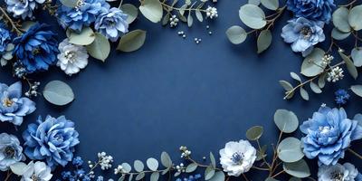 The primary subject of the image is a blue background with a variety of flowers and leaves. The setting is a dark blue background, which contrasts with the lighter colors of the flowers and leaves. The visual style is a combination of realistic elements, such as the flowers and leaves, and digital art, as the background is a solid color with a patterned texture. The colors and mood of the image are predominantly blue, creating a calm and serene atmosphere.