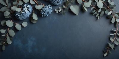The primary subject of the image is a blue wall with a few green leaves and flowers hanging on it. The setting is indoors, with the wall being the main focus of the scene. The visual style appears to be a photo, as it captures the natural elements of the flowers and leaves. The colors in the image are predominantly blue and green, creating a calm and serene atmosphere.