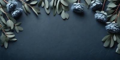 The primary subject of the image is a blue wall with a green leafy branch and a blue flower on it. The setting is a dark room with a blue background. The visual style is a combination of digital art and illustration. The dominant colors are blue and green, creating a calm and serene atmosphere.