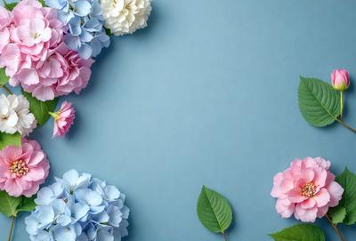The primary subject of the image is a bouquet of flowers, which are displayed in a vase. The flowers are arranged in a visually appealing manner, creating a sense of beauty and elegance. The setting is a blue wall, which serves as a striking backdrop for the flowers. The visual style of the image is a close-up of the flowers, allowing the viewer to appreciate the details and textures of the petals and leaves. The colors and mood of the image are predominantly blue and pink,