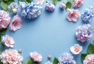 The primary subject of the image is a bouquet of flowers, which are arranged in a circular pattern on a blue background. The flowers are predominantly pink and purple, creating a visually appealing and harmonious display. The setting appears to be a still life, showcasing the beauty of the flowers and their arrangement. The visual style of the image is a close-up of the flowers, emphasizing their details and colors. The overall atmosphere of the image is serene and elegant, with the flowers serving as the