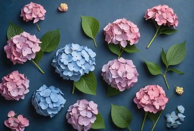 The primary subject of the image is a group of flowers, specifically pink and blue hydrangeas, arranged in various positions. The flowers are placed on a blue surface, which serves as the setting or background. The visual style of the image is a close-up of the flowers, showcasing their details and colors. The dominant colors in the image are pink and blue, creating a calm and serene atmosphere.