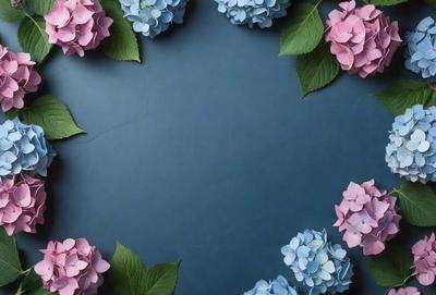 The primary subject of the image is a circle of flowers, predominantly pink and blue, arranged in a visually appealing manner. The flowers are placed on a blue surface, which serves as the setting or background. The visual style of the image is a combination of photo and digital art, creating a vibrant and lively atmosphere. The dominant colors in the image are pink and blue, which contribute to the overall mood of the scene.