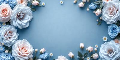 The primary subject of the image is a bouquet of flowers, which are arranged in a circular pattern on a blue background. The flowers are predominantly white and pink, creating a serene and elegant atmosphere. The visual style of the image is a combination of photo and digital art, as it features a close-up view of the flowers and a well-defined circular pattern. The colors and mood of the image are predominantly blue and white, with a touch of pink, giving it a calming and soothing effect