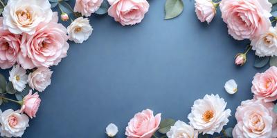 The primary subject of the image is a bouquet of pink and white flowers. The flowers are arranged in a circular pattern, creating a visually appealing composition. The setting is a blue background, which provides a contrasting and complementary color to the flowers. The visual style of the image is a close-up of the flowers, showcasing their details and beauty. The colors and mood of the image are predominantly pink and white, giving it a delicate and elegant appearance.