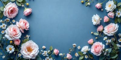 The primary subject of the image is a bouquet of pink and white flowers. The flowers are arranged in a visually appealing manner, creating a sense of beauty and elegance. The setting is a blue background, which adds a touch of color and contrast to the scene. The visual style of the image is a close-up of the flowers, allowing the viewer to appreciate the details and textures of the petals and leaves. The colors and mood of the image are predominantly pink and white, evoking feelings