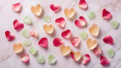 The primary subject of the image is a collection of heart-shaped objects, which are likely made of marble or a similar material. These hearts are arranged on a marble surface, creating a visually appealing and elegant display. The setting appears to be a countertop or a similar surface, providing a clean and uncluttered backdrop for the hearts. The visual style of the image is a combination of realistic and artistic elements, as the hearts are carefully arranged and the marble material adds a sense of sophistic