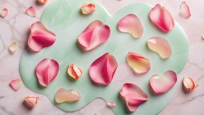 The primary subject of the image is a close-up of a pink rose petal. The setting is a marble surface, and the visual style is a photo. The dominant colors are pink and white, creating a delicate and elegant atmosphere.