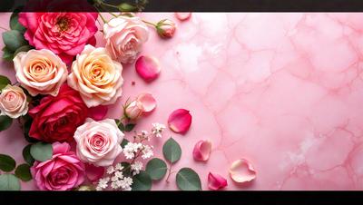 The primary subject of the image is a bouquet of pink and white flowers, which are arranged on a pink marble surface. The setting is a table with a pink background, and the visual style is a close-up of the flowers. The colors and mood of the image are predominantly pink, creating a warm and inviting atmosphere.