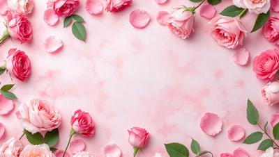 The primary subject of the image is a bouquet of pink roses. The setting is a pink background, which adds a warm and romantic atmosphere to the scene. The visual style is a close-up of the roses, showcasing their delicate petals and vibrant color. The overall mood of the image is one of love, beauty, and elegance.