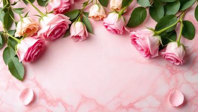 The primary subject of the image is a bouquet of pink and white roses. The roses are arranged on a pink background, which adds a touch of elegance to the scene. The visual style of the image is a close-up of the roses, showcasing their beauty and details. The colors and mood of the image are predominantly pink, which creates a warm and romantic atmosphere.