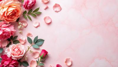 The primary subject of the image is a bouquet of pink flowers, which are scattered across a pink background. The setting appears to be a pink marble surface, which adds a unique and elegant touch to the scene. The visual style of the image is a close-up of the flowers, showcasing their beauty and details. The colors and mood of the image are predominantly pink, creating a warm and inviting atmosphere.